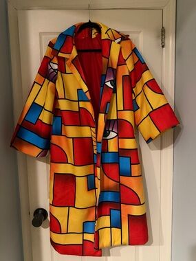 Colorblock Abstract Trench Coat - Bold Yellow, Red & Blue funky bold modern